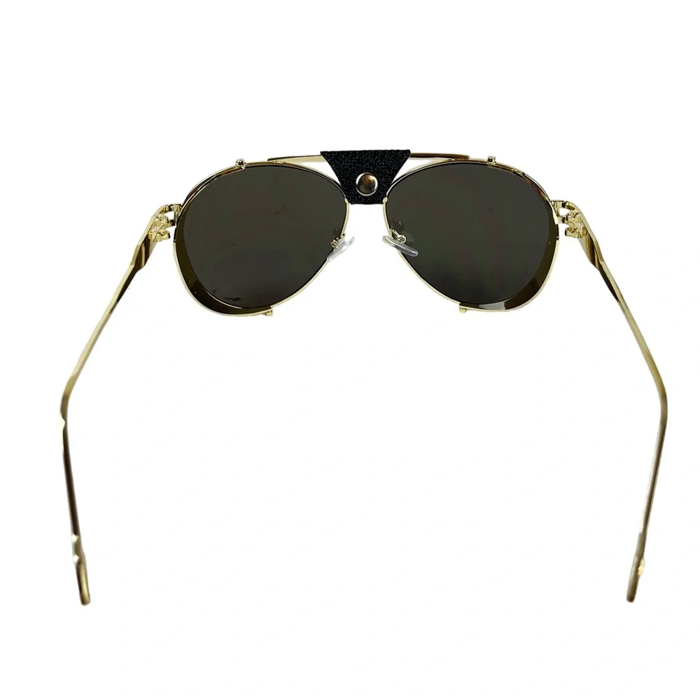 AVIATOR Gold Metal Frame Blue Purple Lense Faux Leather Black Trim Sunglasses - Picture 8 of 15